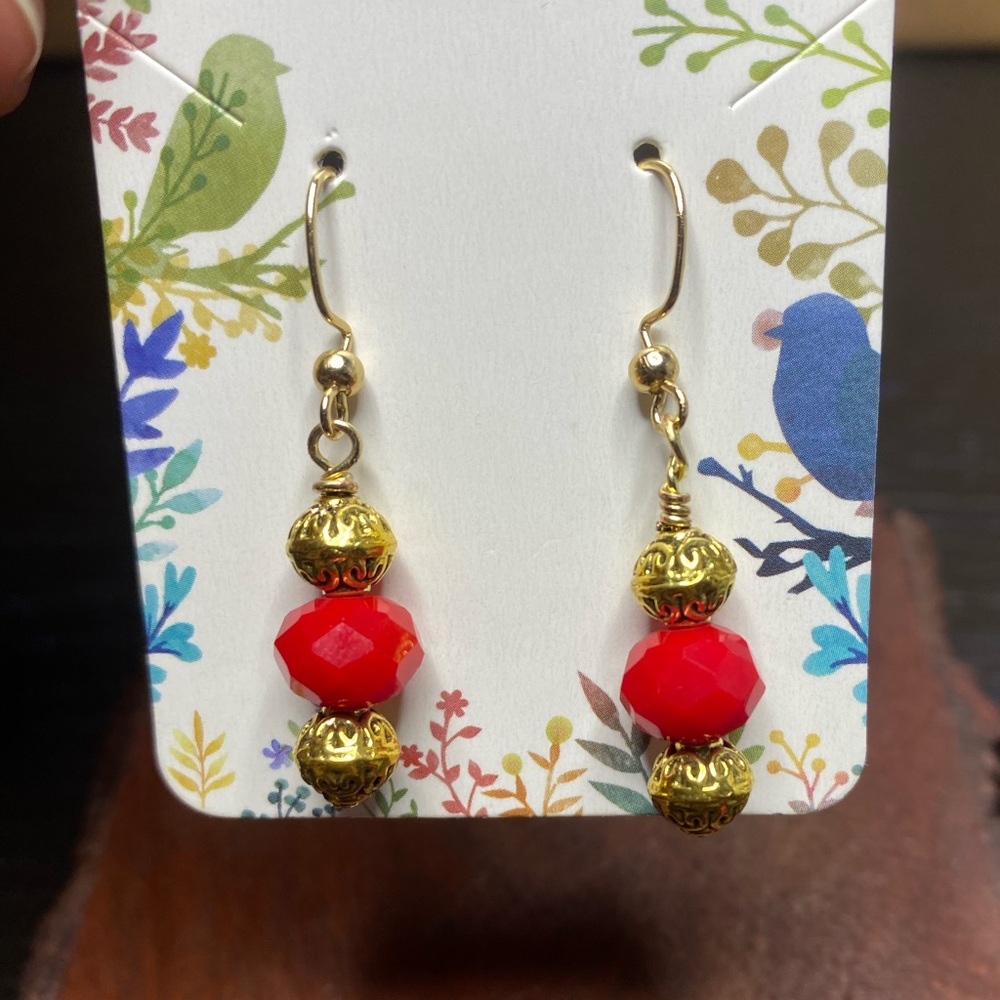 OOAK Imperfect Handmade Red and Gold Tone Earrings